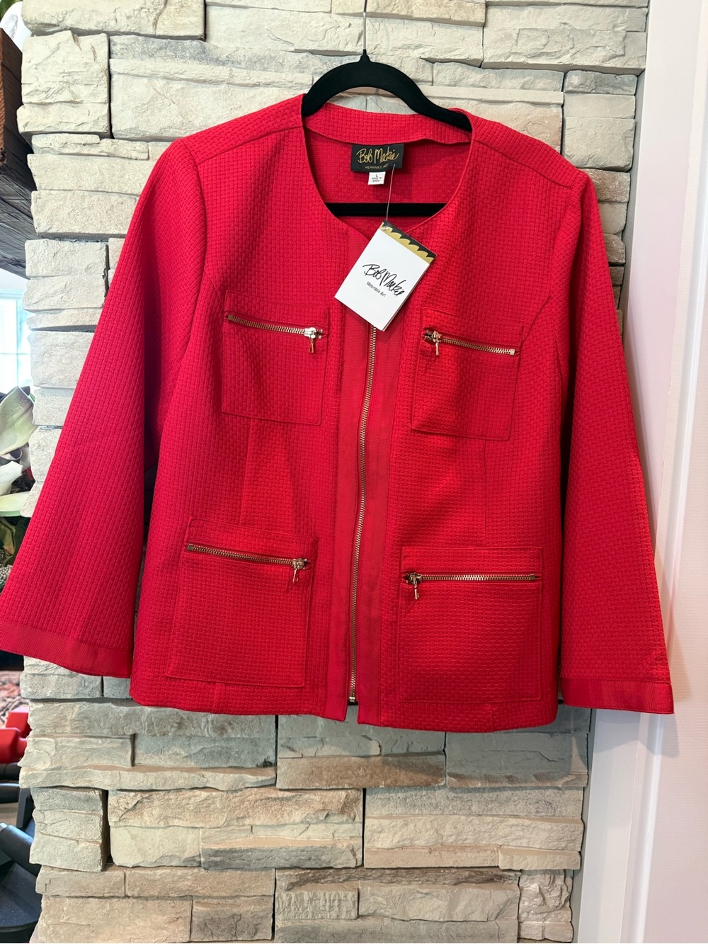 NWT Bob Mackie Wearable Art Women's Jacket Size L Red Textured Front Gold Zips
